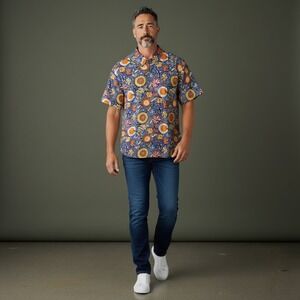 Yiume Men's XXL Blue Floral Short Sleeve Button Up Shirt‎ NWT